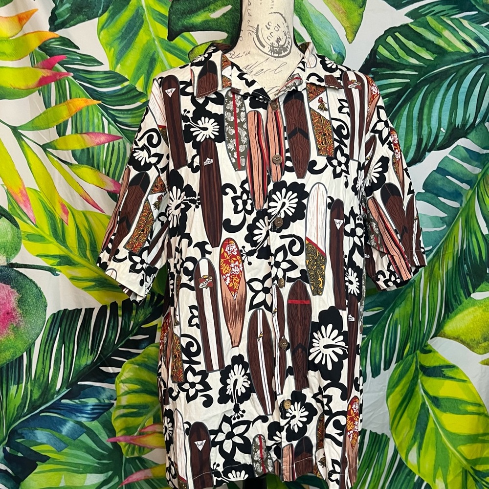 VTG Good Vibes L White Brown Longboard Hawaii Beach Florida Travel Button Shirt